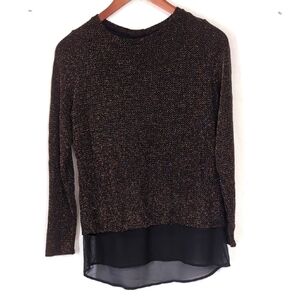 Black Metallic Gold Twofer Crewneck Blouse Chiffon Bottom Long SLeeve Size Med